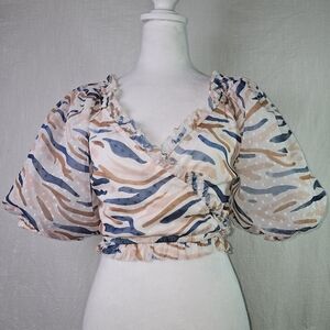 Saylor Teryn Smocked Printed V Neck Halter Top SZ S Swiss Dot Boho Puff Sleeves
